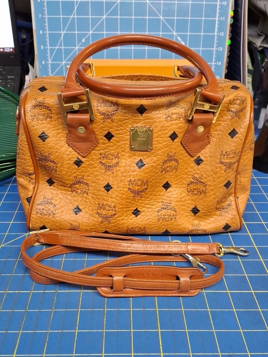 MCM Handbags - MCM Cognac Visetos Monogram Satchel Gold Hardware Removable Adj Strap Preloved